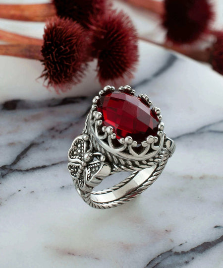 Ruby Quartz Gemstone Filigree Art Double Butterfly Detailed Women Silver Statement Ring - Drakoi Marketplace