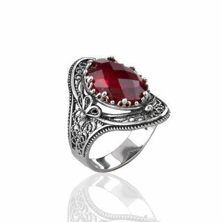 Ruby Quartz Gemstone Filigree Art Woman Silver Statement Ring - Drakoi Marketplace