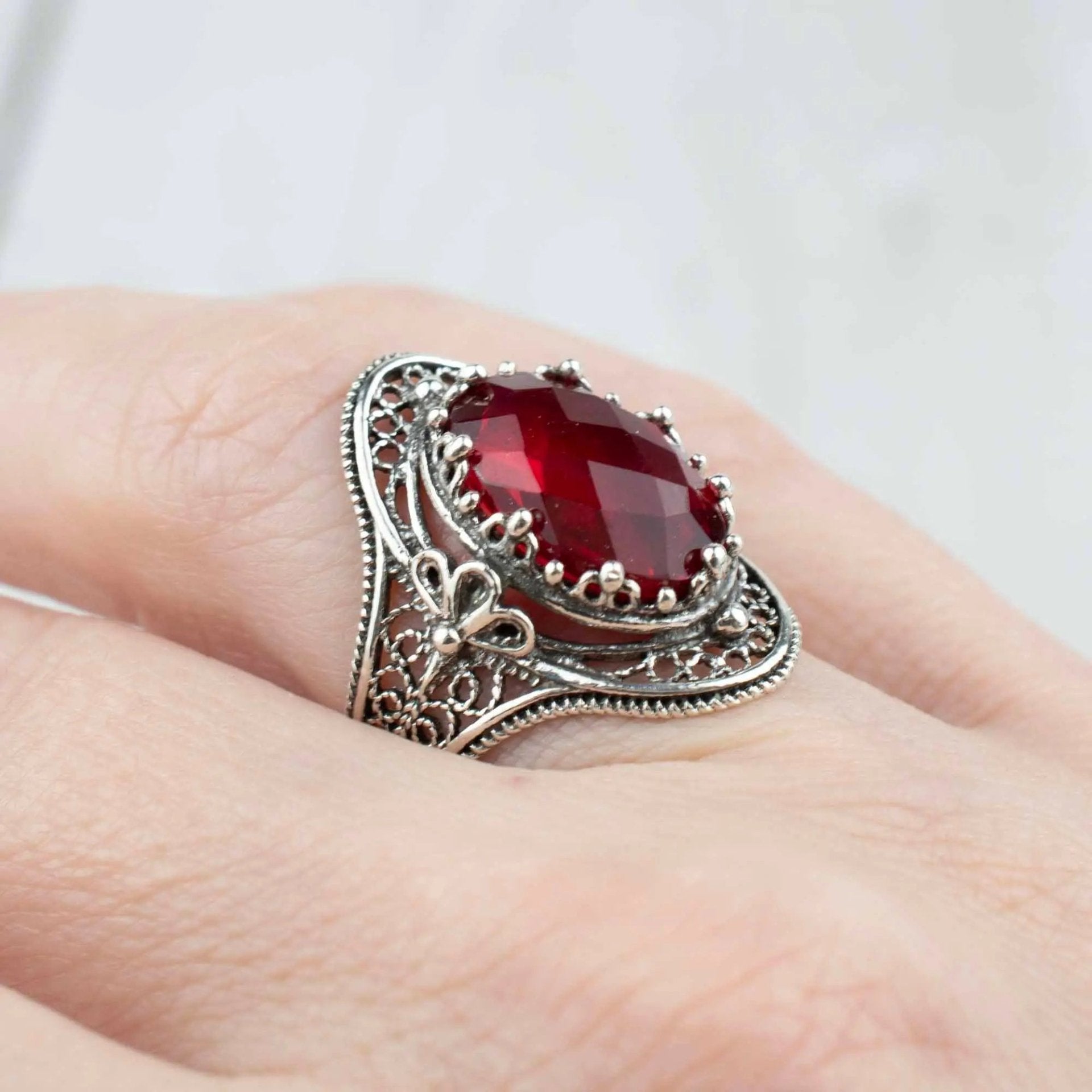 Ruby Quartz Gemstone Filigree Art Woman Silver Statement Ring - Drakoi Marketplace