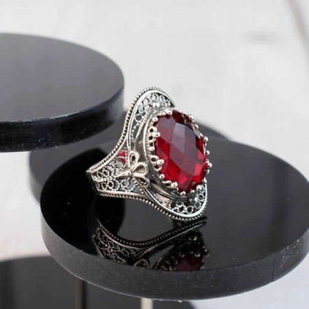 Ruby Quartz Gemstone Filigree Art Woman Silver Statement Ring - Drakoi Marketplace