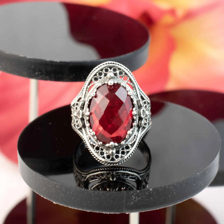 Ruby Quartz Gemstone Filigree Art Woman Silver Statement Ring - Drakoi Marketplace