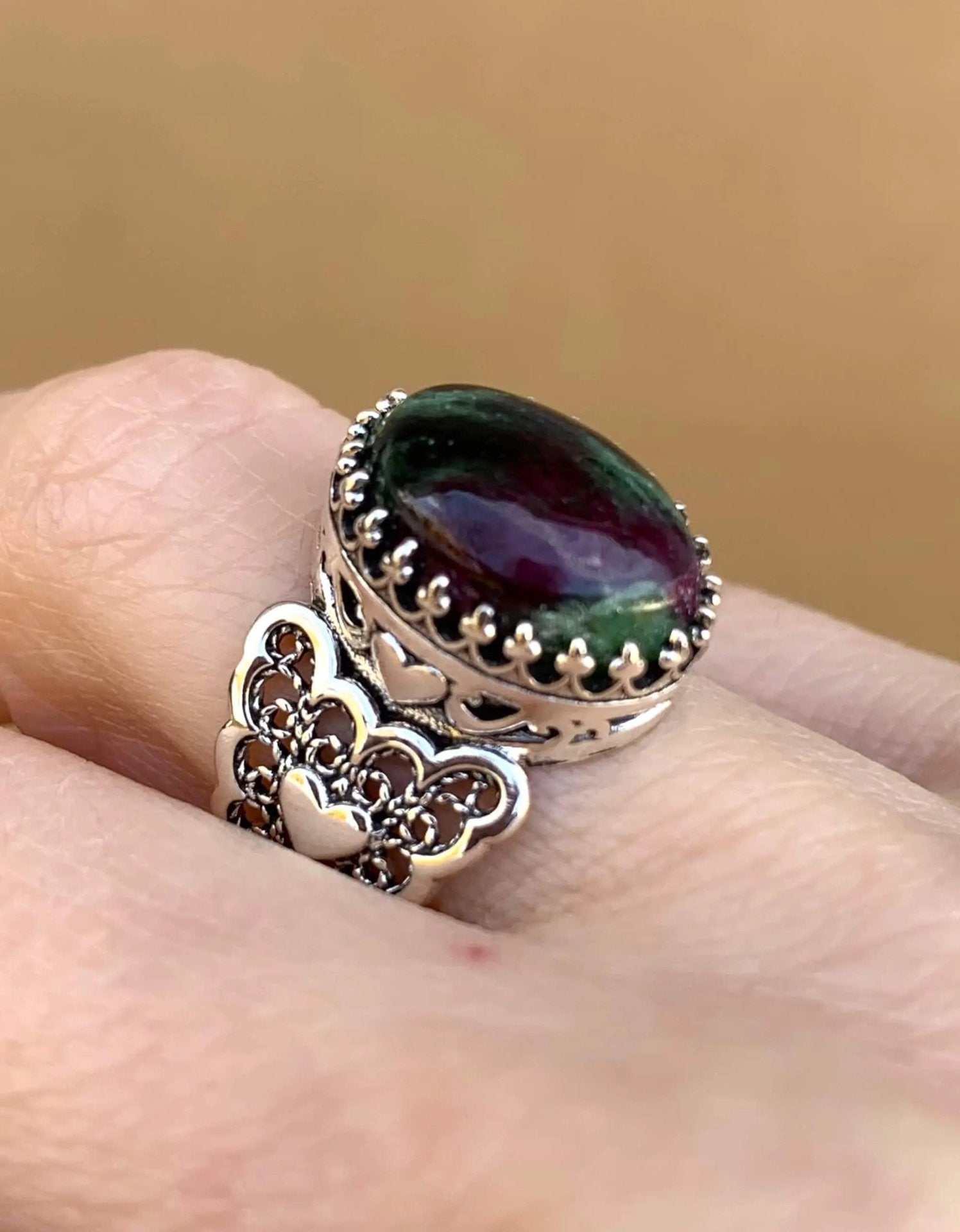 Ruby Zoisite Gemstone Double Heart Detailed Filigree Art 925 Sterling Silver Women Statement Ring - Drakoi Marketplace