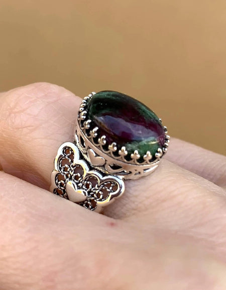 Ruby Zoisite Gemstone Double Heart Detailed Filigree Art 925 Sterling Silver Women Statement Ring - Drakoi Marketplace