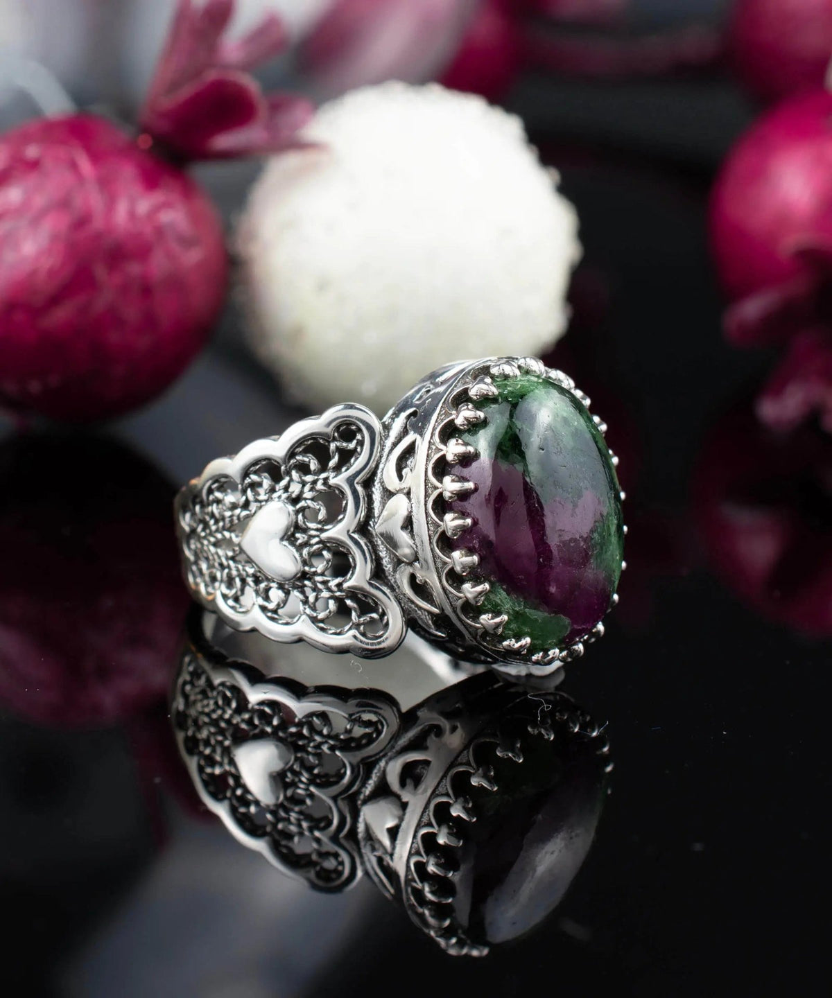 Ruby Zoisite Gemstone Double Heart Detailed Filigree Art 925 Sterling Silver Women Statement Ring - Drakoi Marketplace