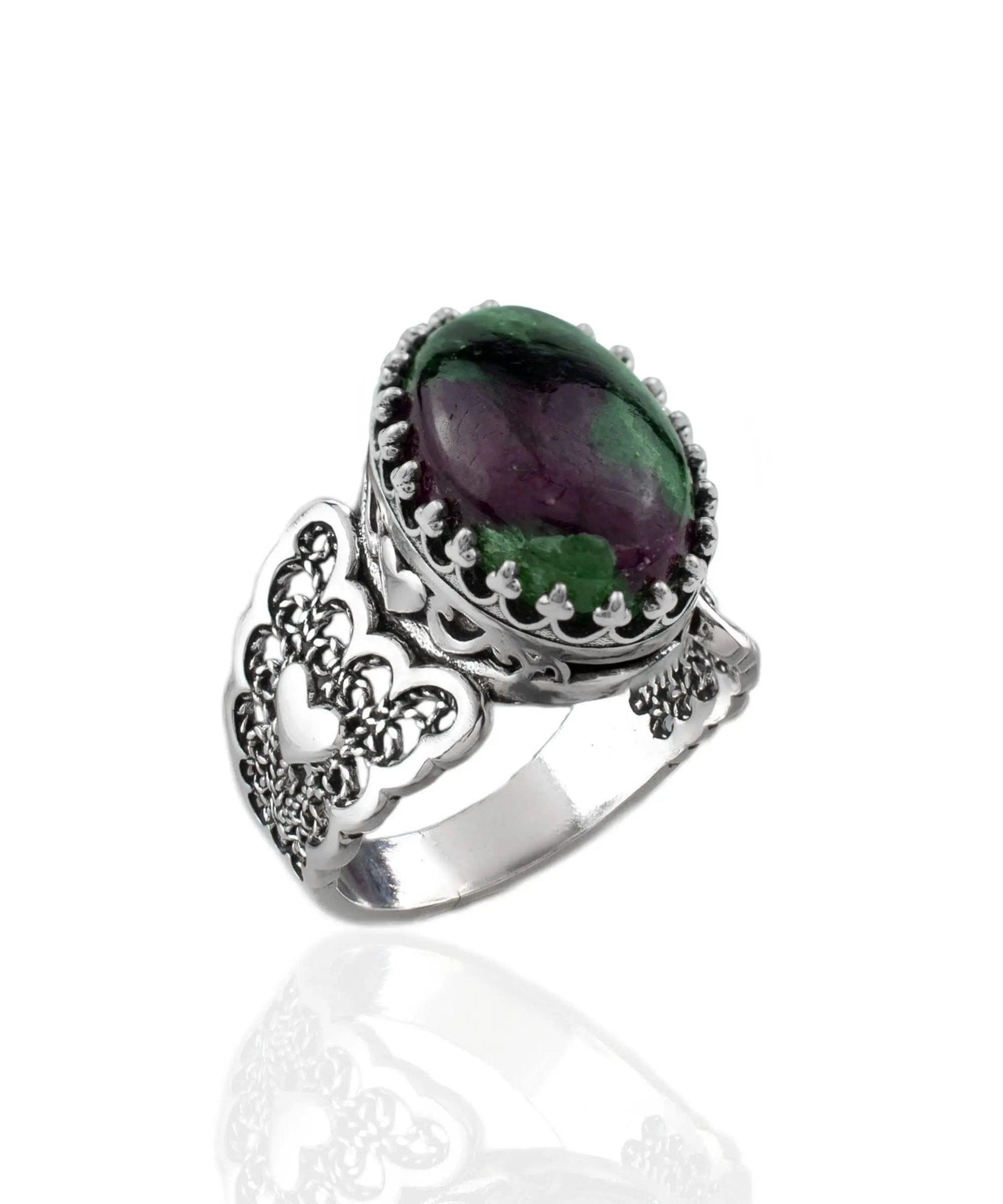 Ruby Zoisite Gemstone Double Heart Detailed Filigree Art 925 Sterling Silver Women Statement Ring - Drakoi Marketplace