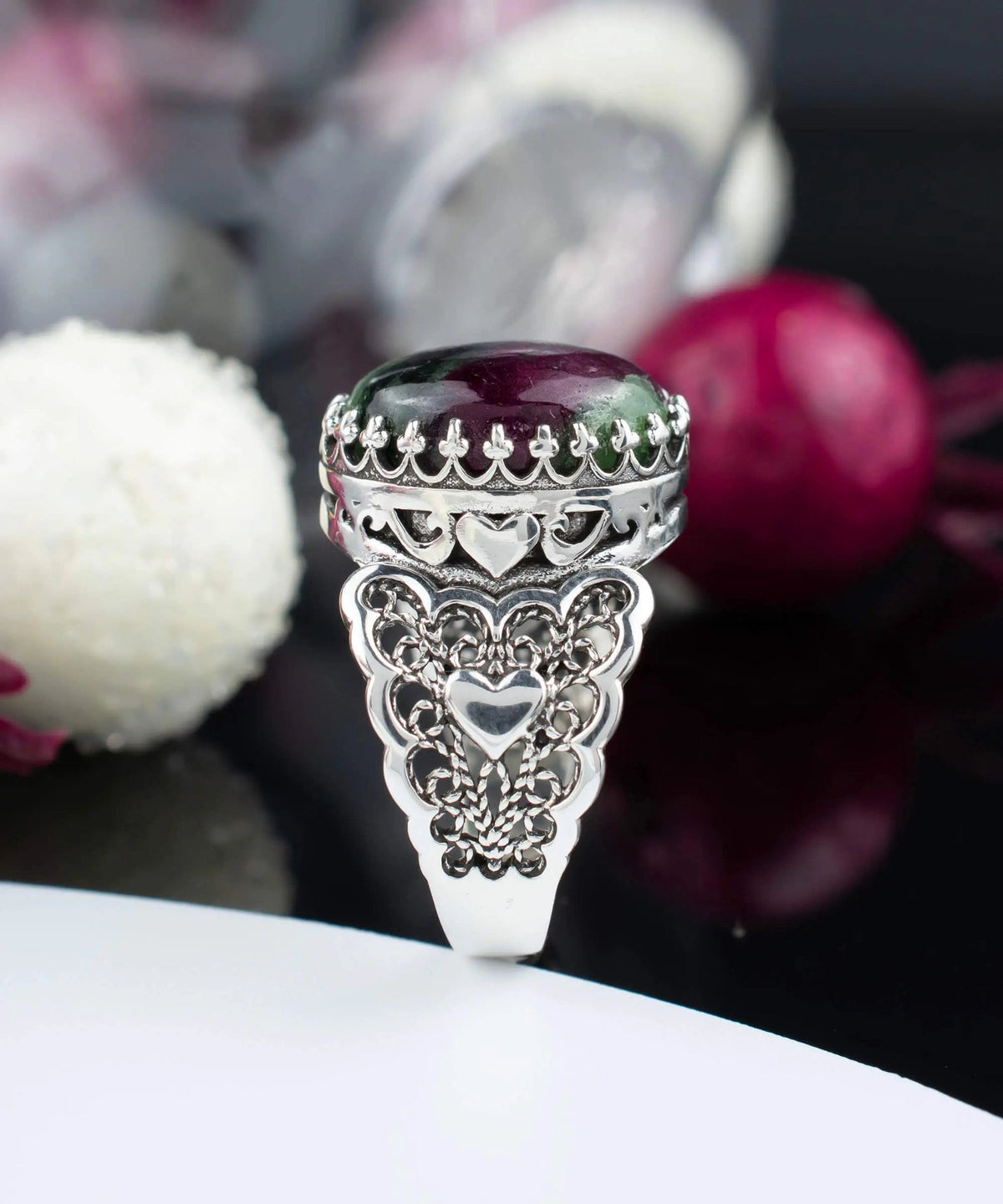 Ruby Zoisite Gemstone Double Heart Detailed Filigree Art 925 Sterling Silver Women Statement Ring - Drakoi Marketplace