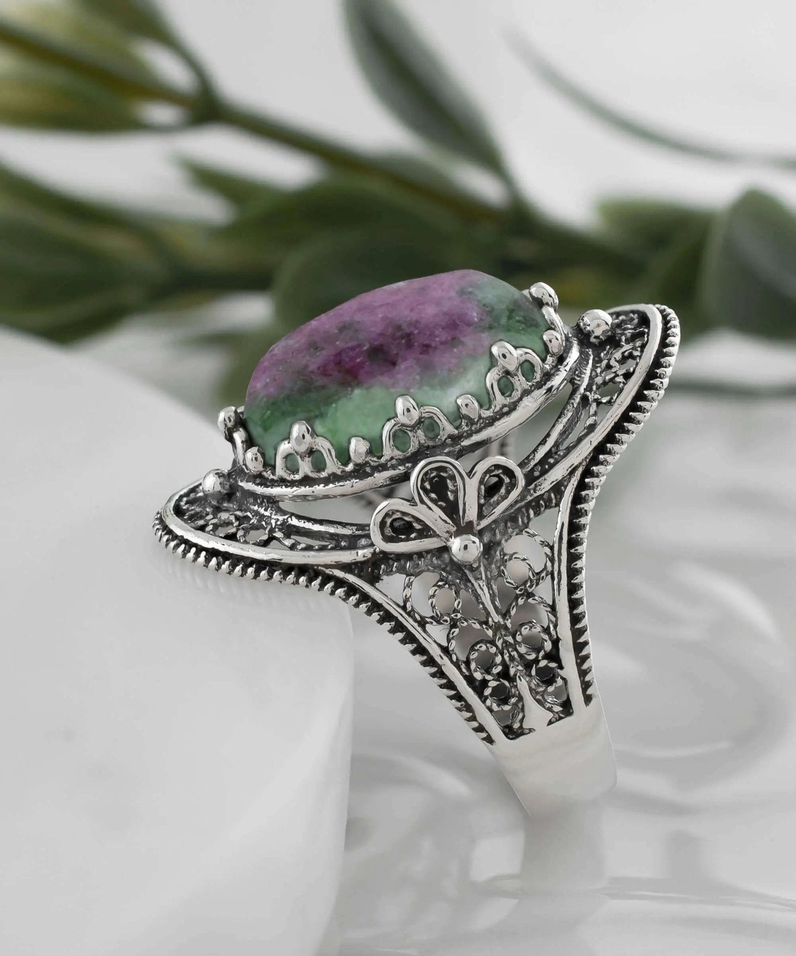 Ruby Zoisite Gemstone Filigree Art Woman Silver Statement Ring - Drakoi Marketplace