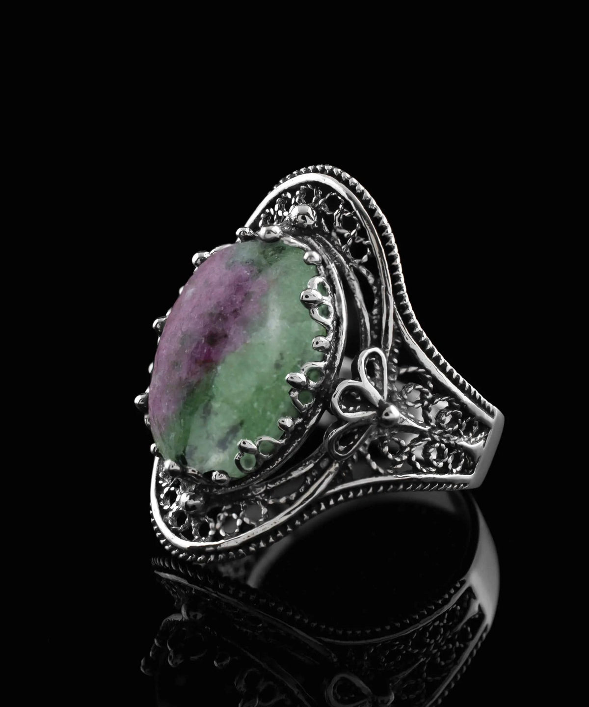 Ruby Zoisite Gemstone Filigree Art Woman Silver Statement Ring - Drakoi Marketplace