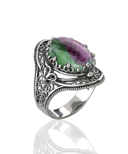 Ruby Zoisite Gemstone Filigree Art Woman Silver Statement Ring - Drakoi Marketplace