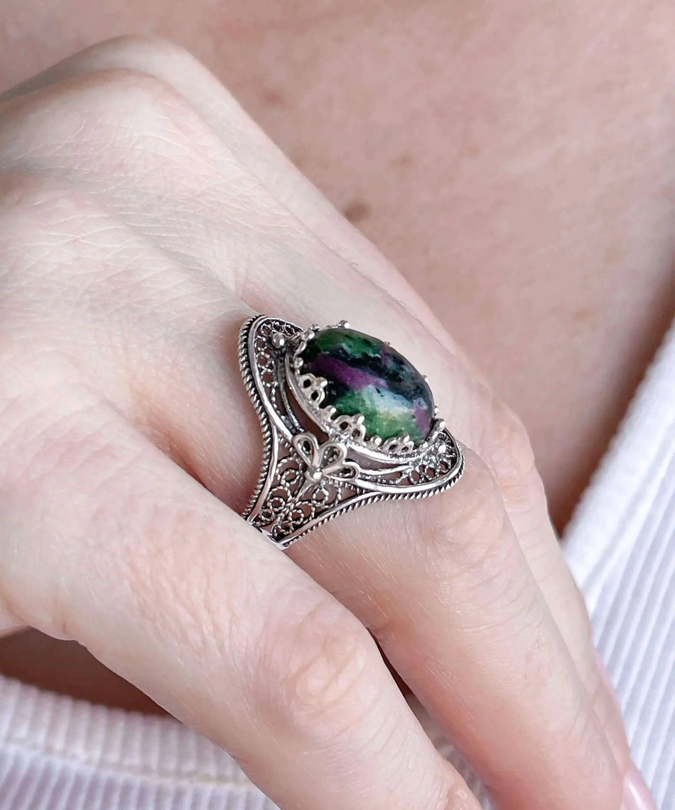 Ruby Zoisite Gemstone Filigree Art Woman Silver Statement Ring - Drakoi Marketplace