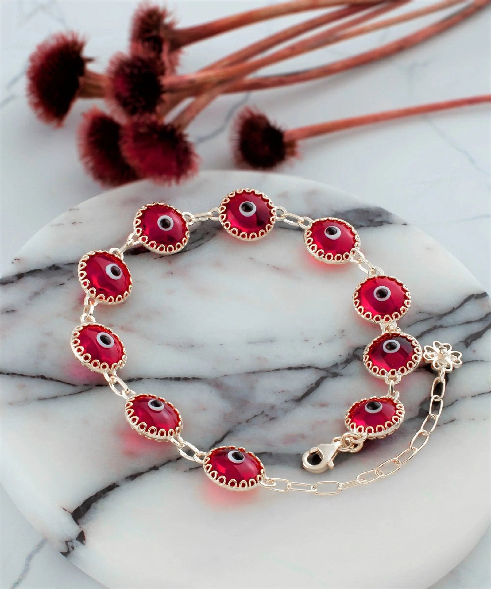 Scarlet Evil Eye Woman Sterling Silver Woman Link Bracelet - Drakoi Marketplace