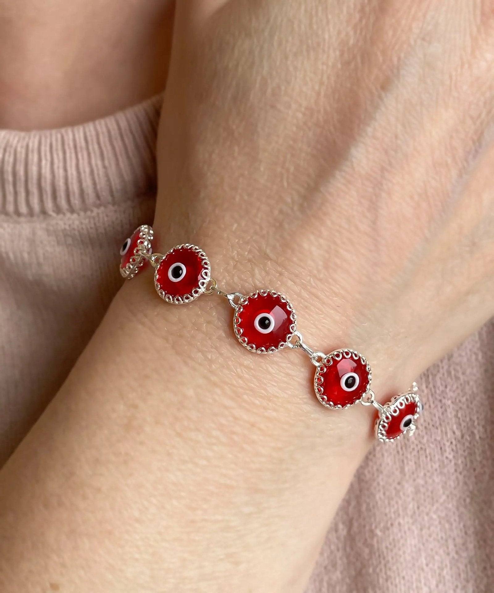 Scarlet Evil Eye Woman Sterling Silver Woman Link Bracelet - Drakoi Marketplace