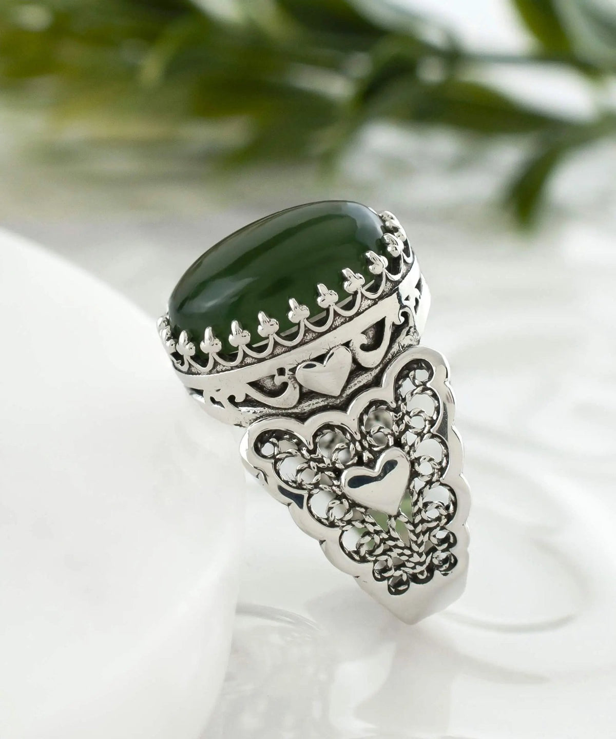 Serpentine Gemstone Double Heart Detailed Filigree Art 925 Sterling Silver Women Statement Ring - Drakoi Marketplace