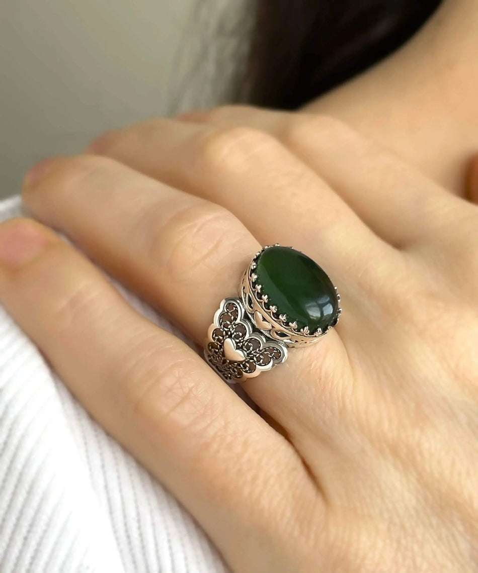 Serpentine Gemstone Double Heart Detailed Filigree Art 925 Sterling Silver Women Statement Ring - Drakoi Marketplace