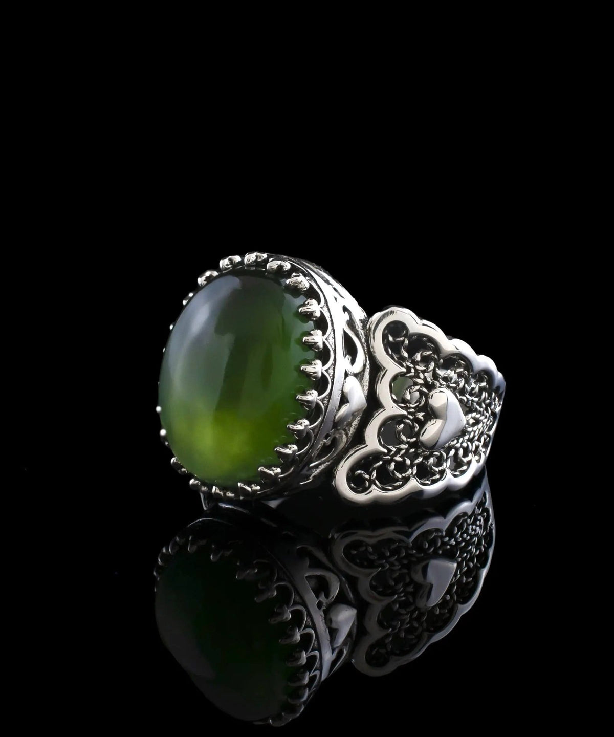 Serpentine Gemstone Double Heart Detailed Filigree Art 925 Sterling Silver Women Statement Ring - Drakoi Marketplace