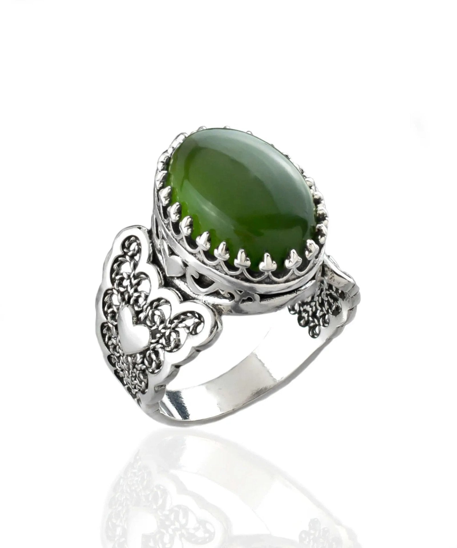 Serpentine Gemstone Double Heart Detailed Filigree Art 925 Sterling Silver Women Statement Ring - Drakoi Marketplace