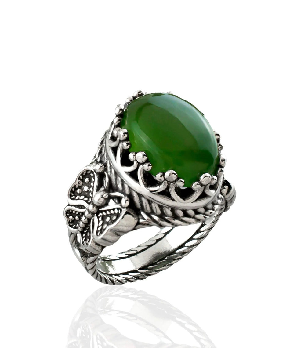 Serpentine Gemstone Filigree Art Double Butterfly Detailed Women Silver Statement Ring - Drakoi Marketplace