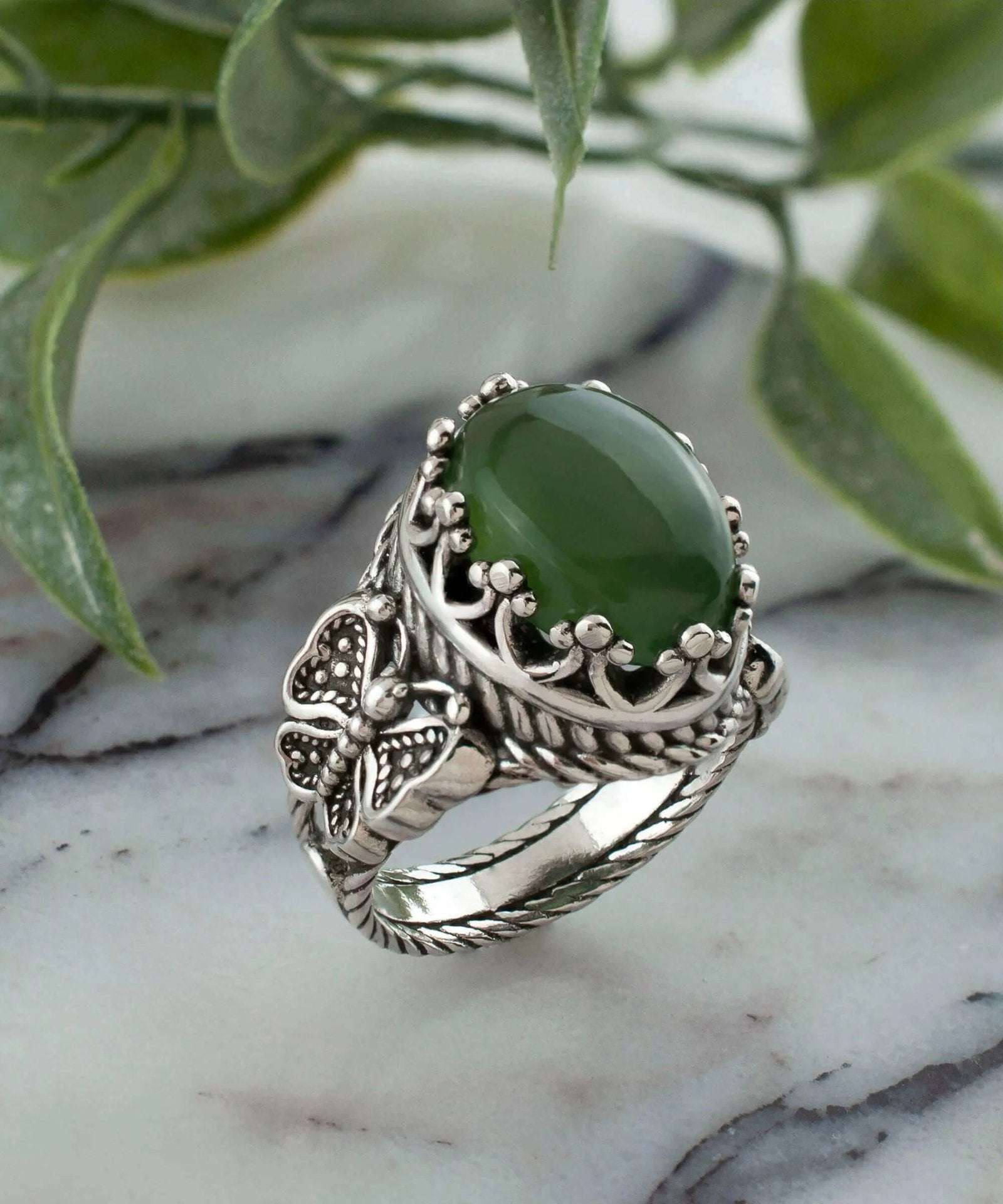 Serpentine Gemstone Filigree Art Double Butterfly Detailed Women Silver Statement Ring - Drakoi Marketplace