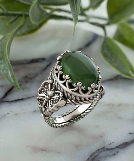 Serpentine Gemstone Filigree Art Double Butterfly Detailed Women Silver Statement Ring - Drakoi Marketplace