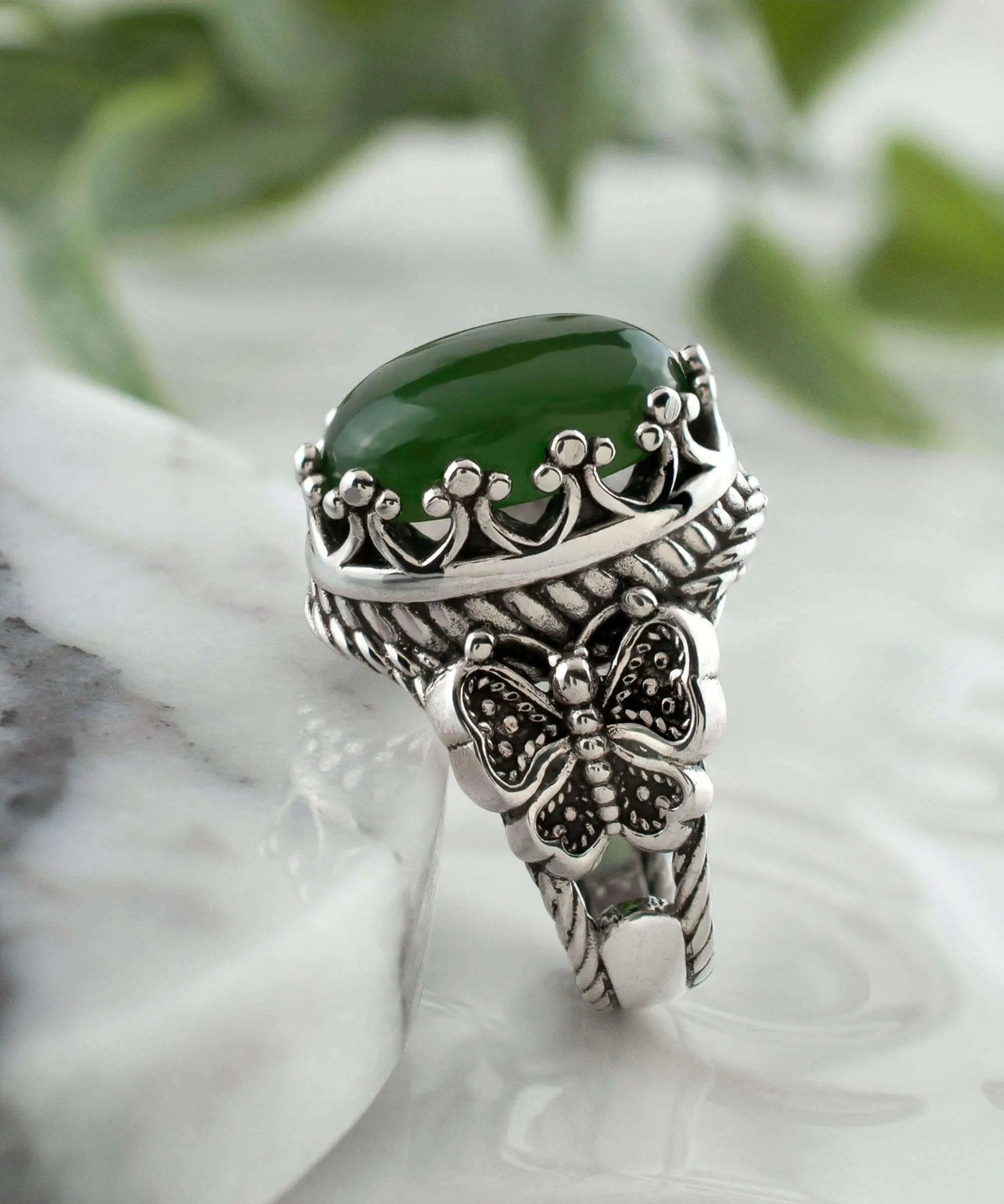 Serpentine Gemstone Filigree Art Double Butterfly Detailed Women Silver Statement Ring - Drakoi Marketplace