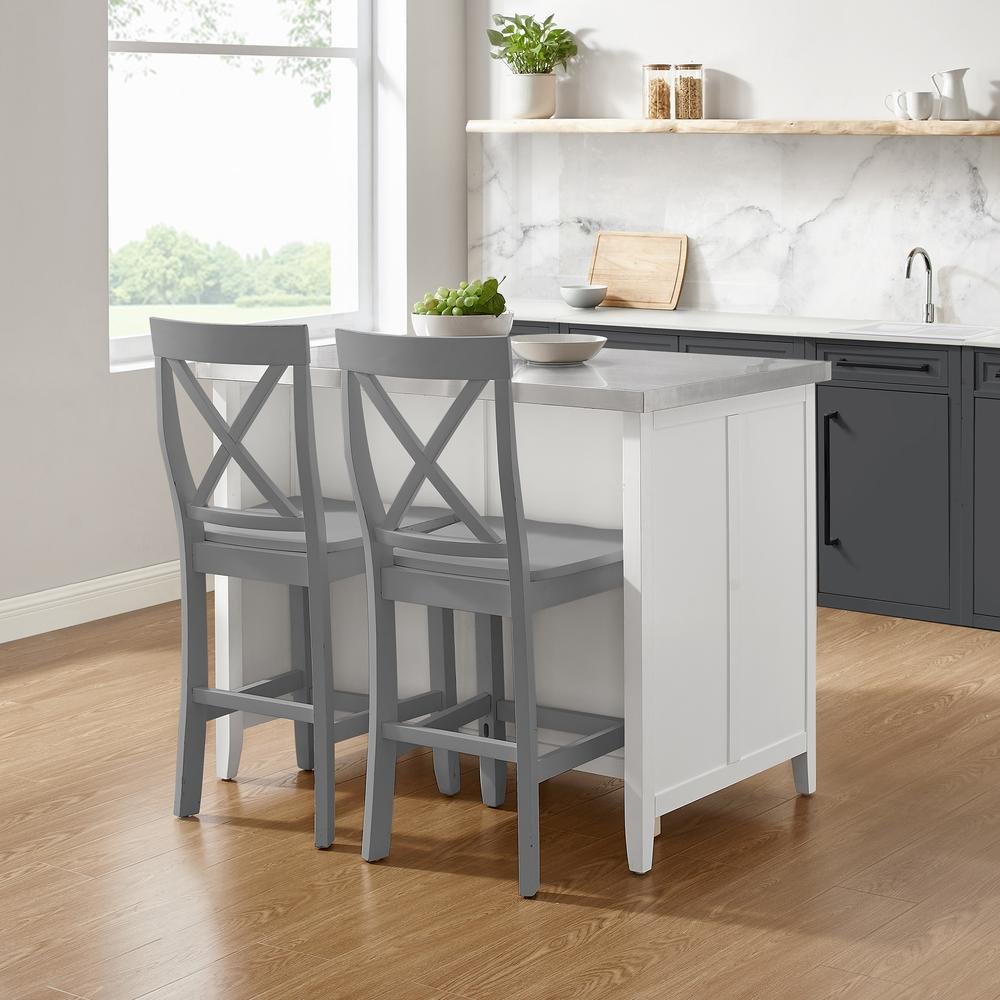 Silvia Stainless Steel Top Kitchen Island W/X-Back Stools White/Gray - Kitchen Island & 2 Stools - Drakoi Marketplace