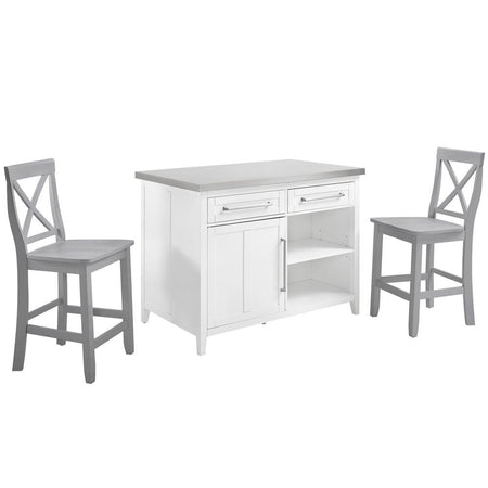 Silvia Stainless Steel Top Kitchen Island W/X-Back Stools White/Gray - Kitchen Island & 2 Stools - Drakoi Marketplace