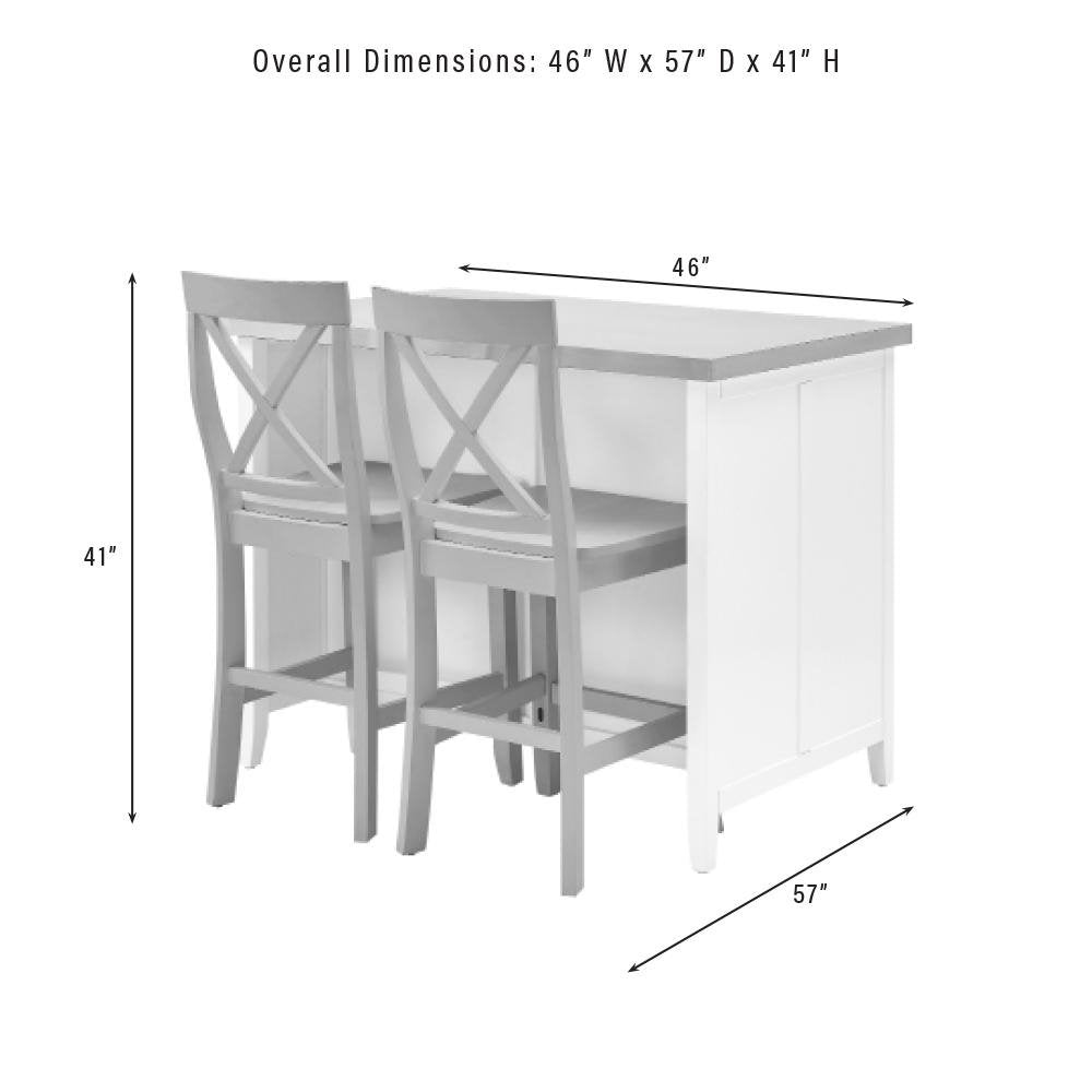 Silvia Stainless Steel Top Kitchen Island W/X-Back Stools White/Gray - Kitchen Island & 2 Stools - Drakoi Marketplace