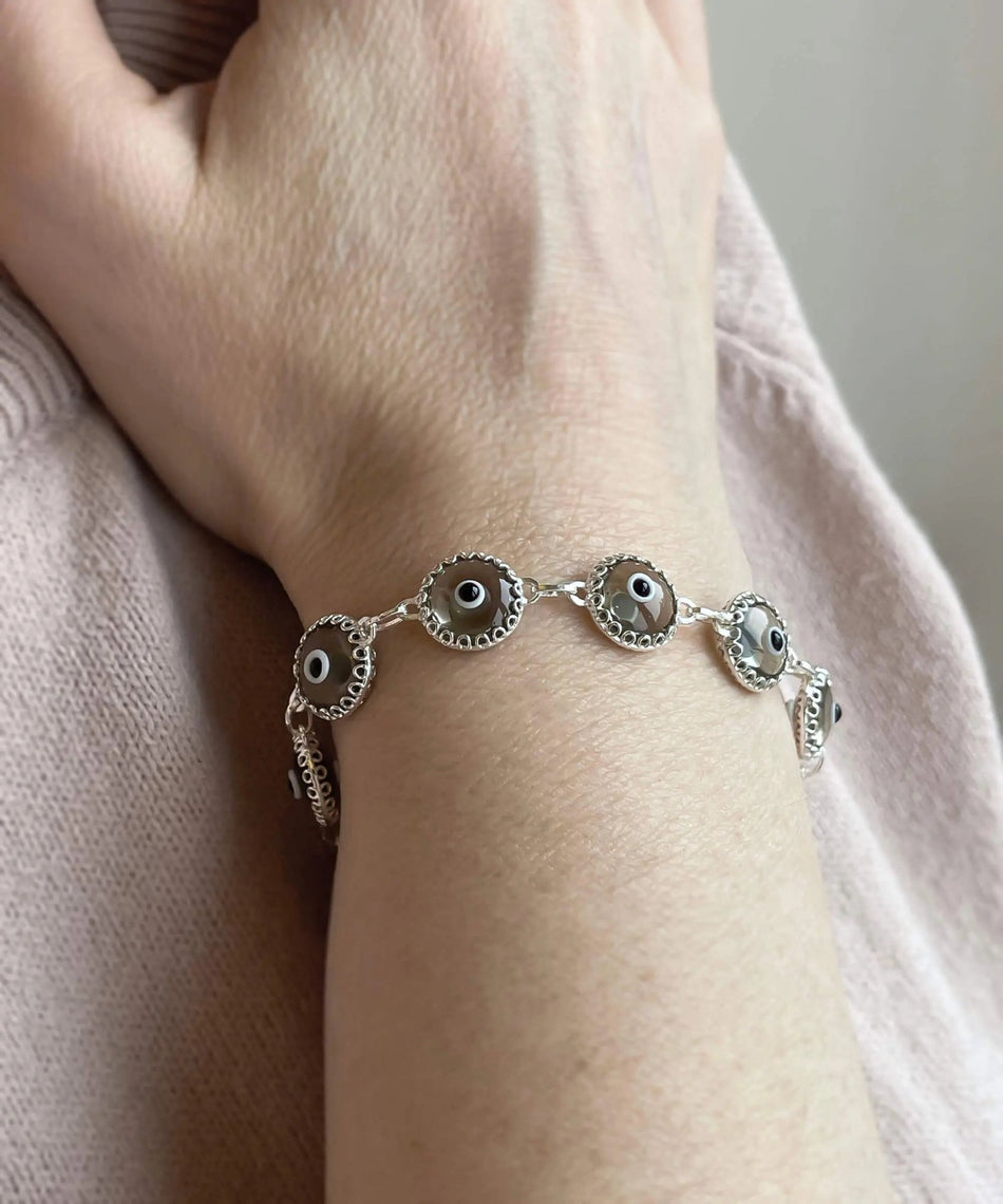 Smokey Evil Eye Woman Sterling Silver Adjustable Link Bracelet - Drakoi Marketplace