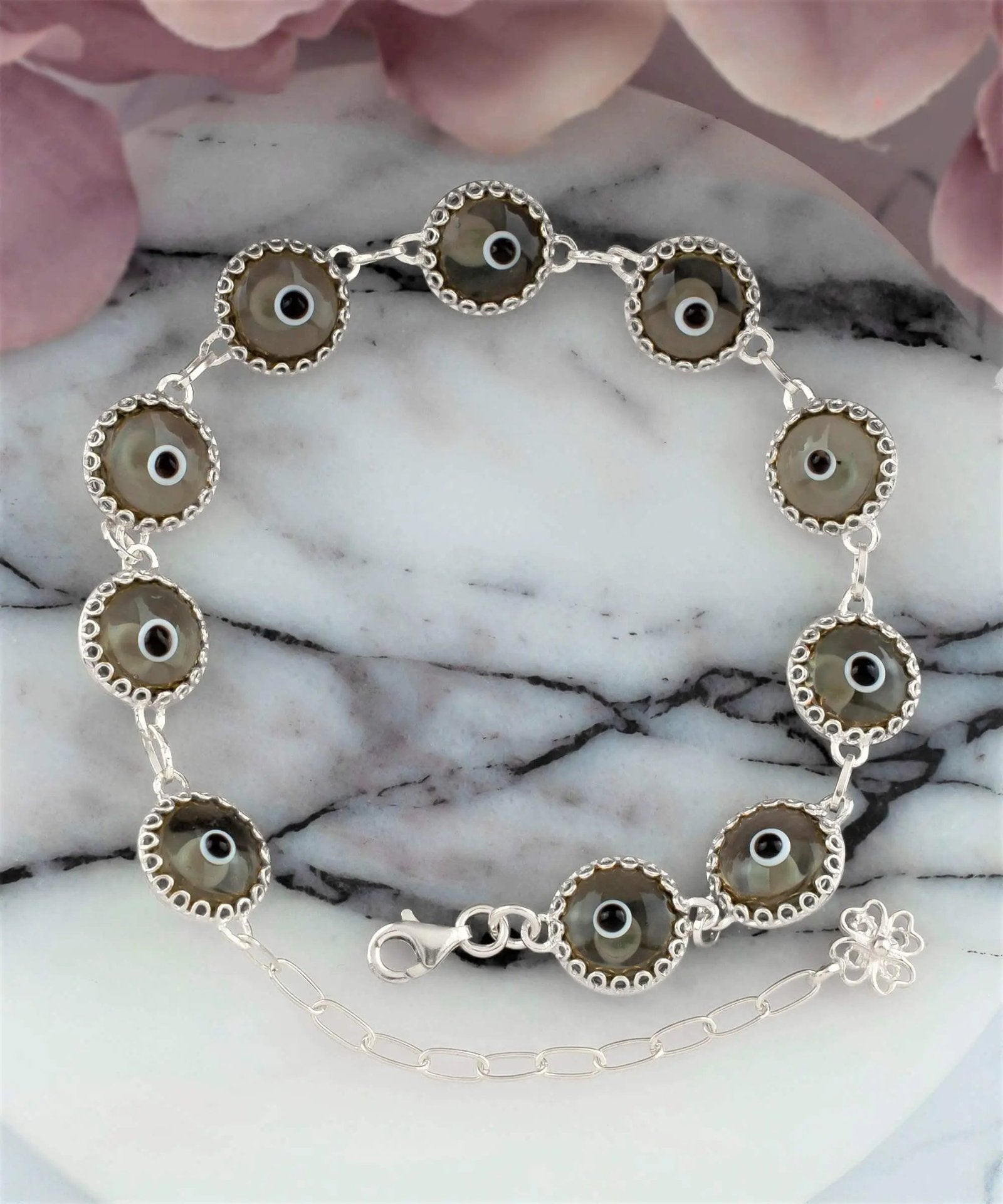 Smokey Evil Eye Woman Sterling Silver Adjustable Link Bracelet - Drakoi Marketplace