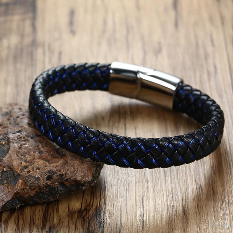 Stainless Steel Black and Blue Geniune Leather Bracelet - Drakoi Marketplace