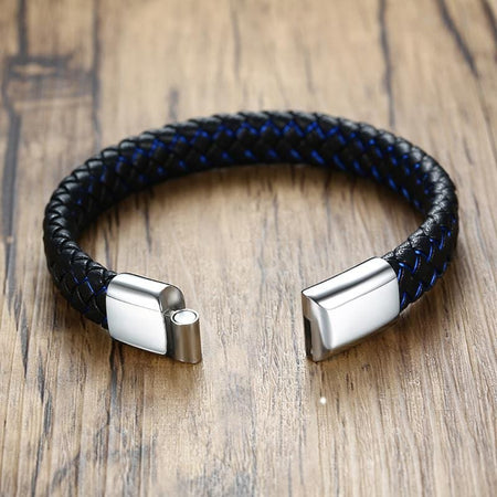 Stainless Steel Black and Blue Geniune Leather Bracelet - Drakoi Marketplace