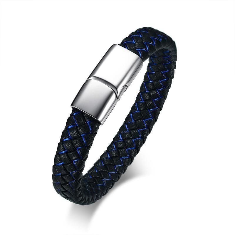 Stainless Steel Black and Blue Geniune Leather Bracelet - Drakoi Marketplace