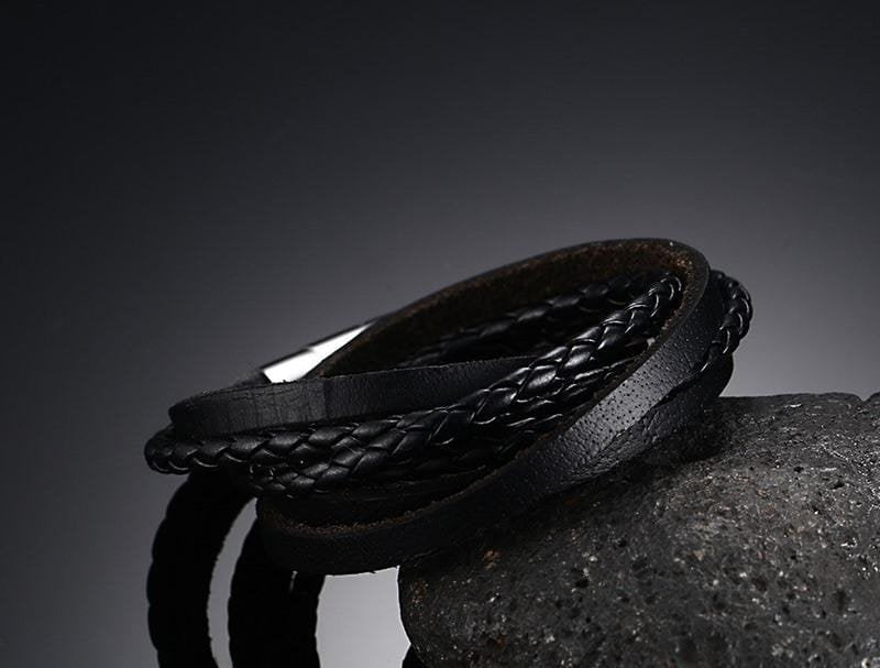 Stainless Steel Black Leather Bracelet - Drakoi Marketplace