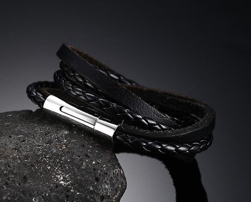 Stainless Steel Black Leather Bracelet - Drakoi Marketplace