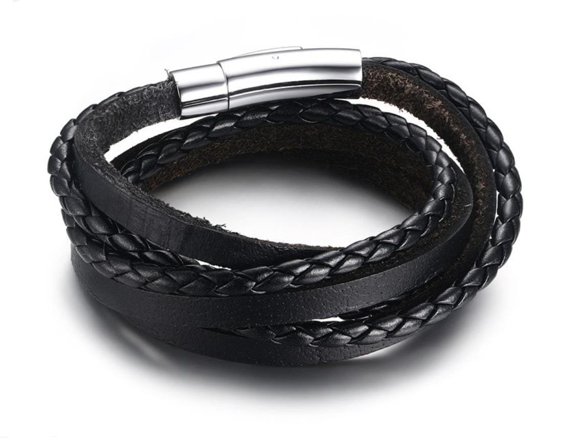 Stainless Steel Black Leather Bracelet - Drakoi Marketplace