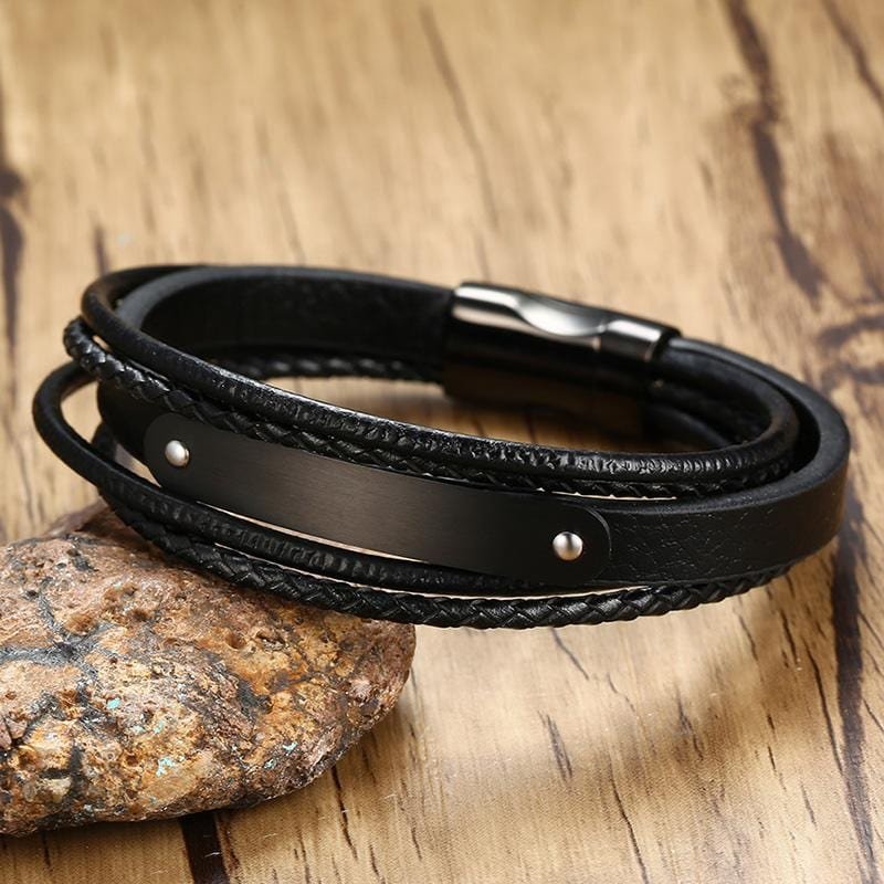 Stainless Steel Black Leather ID Bracelet - Drakoi Marketplace