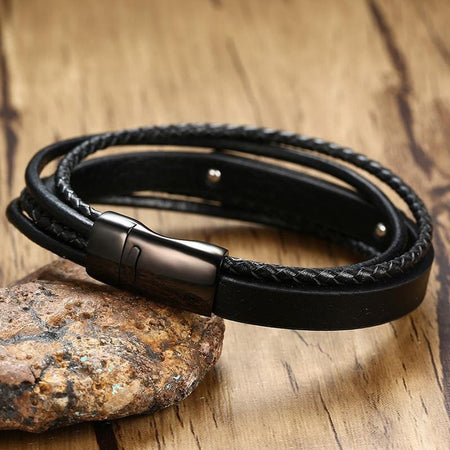 Stainless Steel Black Leather ID Bracelet - Drakoi Marketplace