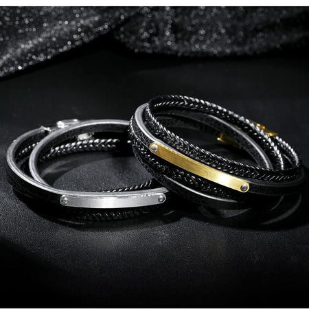 Stainless Steel Engravable ID Bracelet with Multi-Strand Braided Leather - Drakoi Marketplace