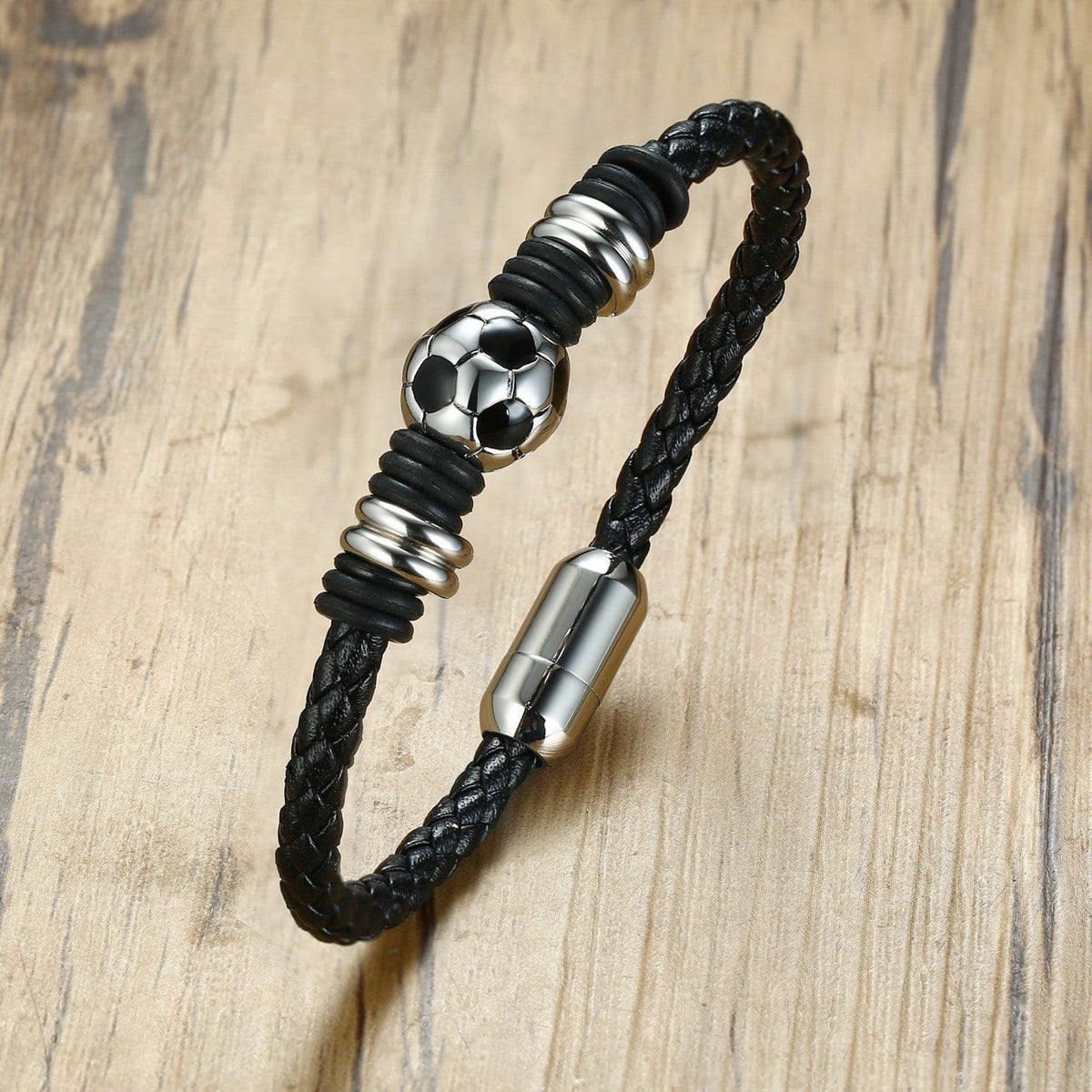 Stainless Steel Football Magnetic Leather Bracelet - Drakoi Marketplace