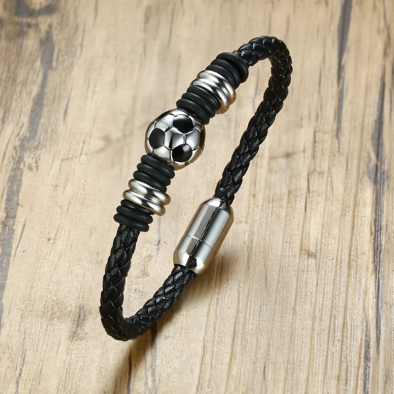 Stainless Steel Football Magnetic Leather Bracelet - Drakoi Marketplace