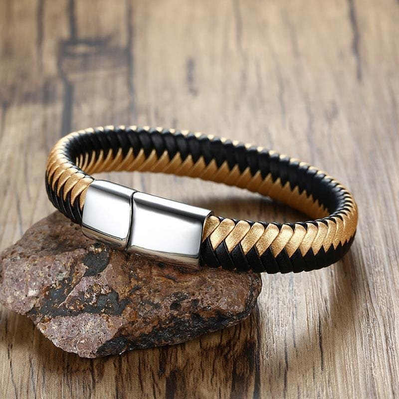 Stainless Steel Gold Adjustable Male Leather Bracelet - Drakoi Marketplace