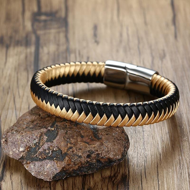 Stainless Steel Gold Adjustable Male Leather Bracelet - Drakoi Marketplace