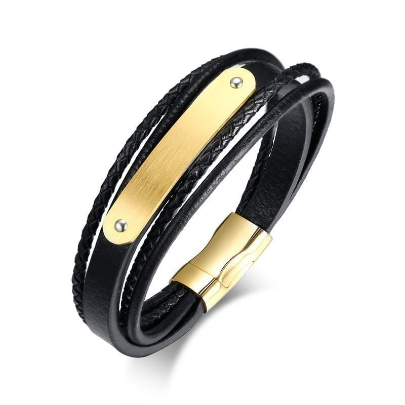 Stainless Steel Gold Blank Engravebale Leather Bracelet - Drakoi Marketplace