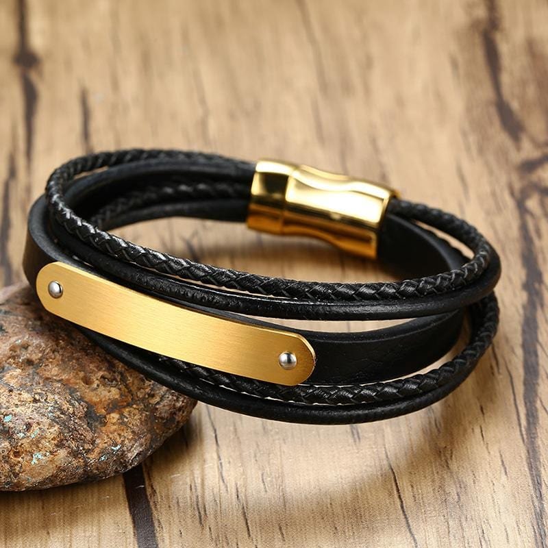 Stainless Steel Gold Blank Engravebale Leather Bracelet - Drakoi Marketplace