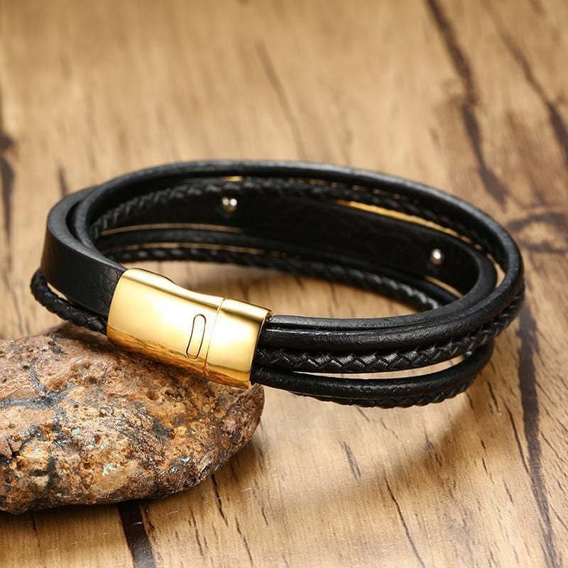 Stainless Steel Gold Blank Engravebale Leather Bracelet - Drakoi Marketplace