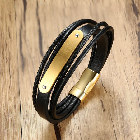 Stainless Steel Gold Blank Engravebale Leather Bracelet - Drakoi Marketplace