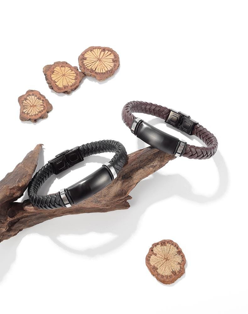 Stainless Steel Mens Braided Leather Bracelet - Drakoi Marketplace