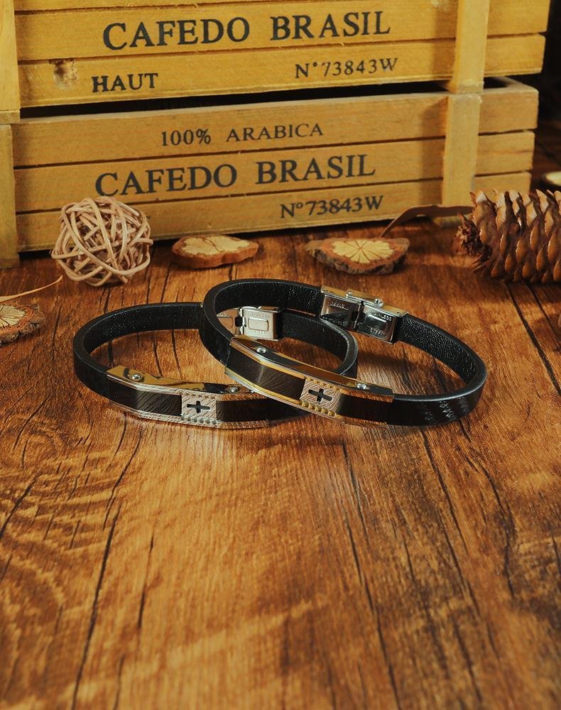 Stainless Steel Mens Cross Leather Bracelet - Drakoi Marketplace