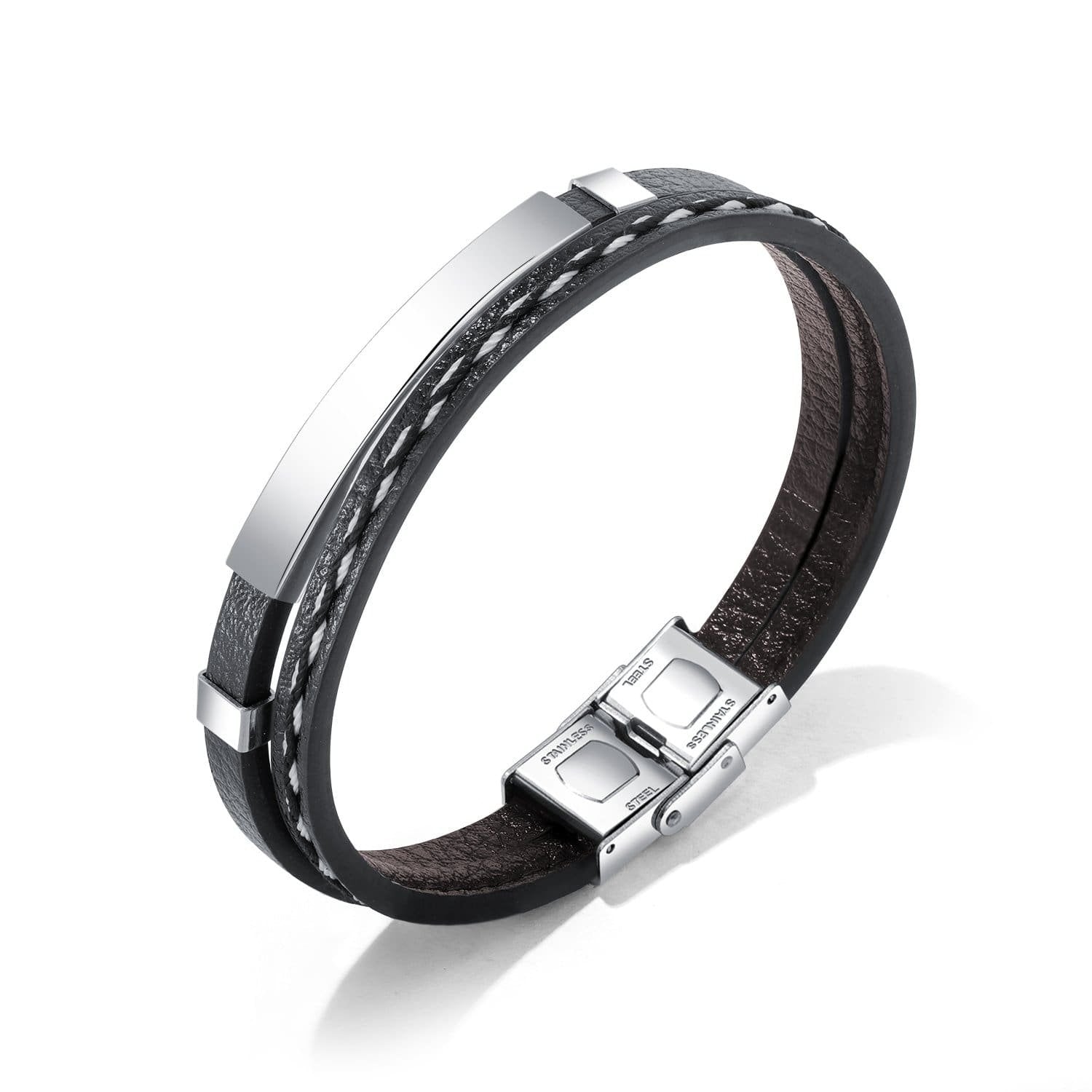 Stainless Steel Mens Engraving ID Bracelet Braided Leather Bracelet - Drakoi Marketplace