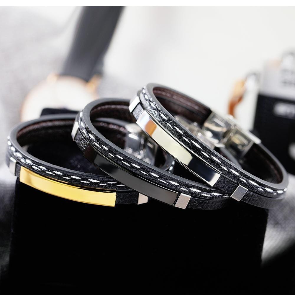 Stainless Steel Mens Engraving ID Bracelet Braided Leather Bracelet - Drakoi Marketplace